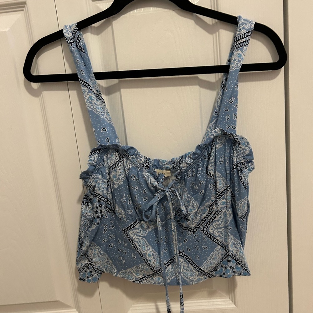 Blue tank top, LA HEAR, stretchy.